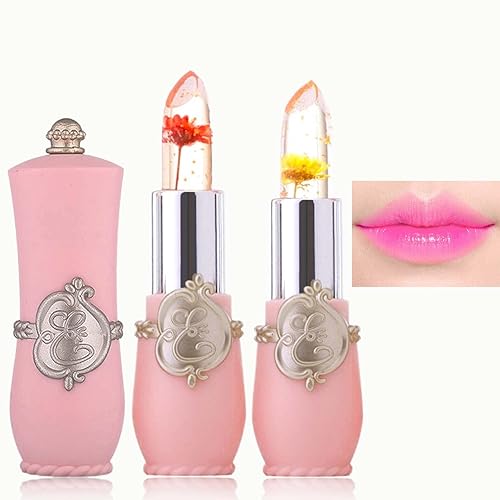WENJLYJ 2PCS Crystal Flower Jelly Lipstick,Clear Lipstick with Flower Inside Magic PH Temperature Color Changing Lip Stick Tinted Lip Balm,Long
