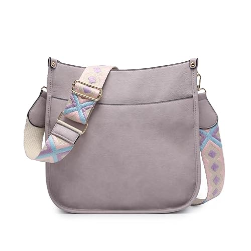 JEN & CO. Crossbody Bags for Women Trendy Vegan Leather Hobo Purses Shoulder Handbags with Wide Adjustable Guitar Strap, Dusty Lavender