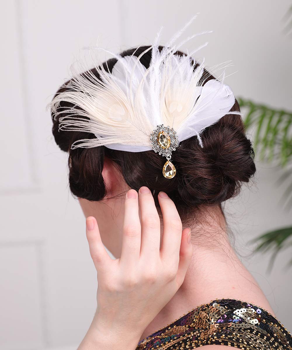 Aimimier Bridal 1920s Flapper Feather Hair Clip Crystal Teardop White Feather Roaring 20s Headpiece Prom Party Festival Hair Jewelry for Women