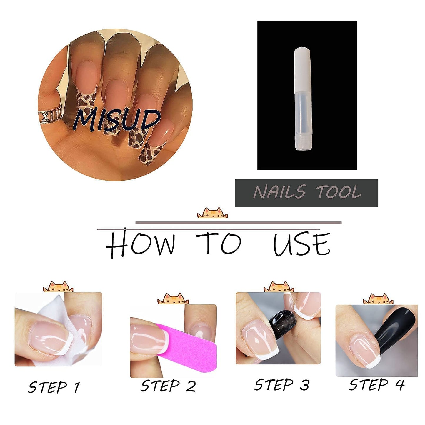 MISUD Press on Nails - Long Coffin Fake Nails with Cow Print, Acrylic French Tip Design 24 pcs