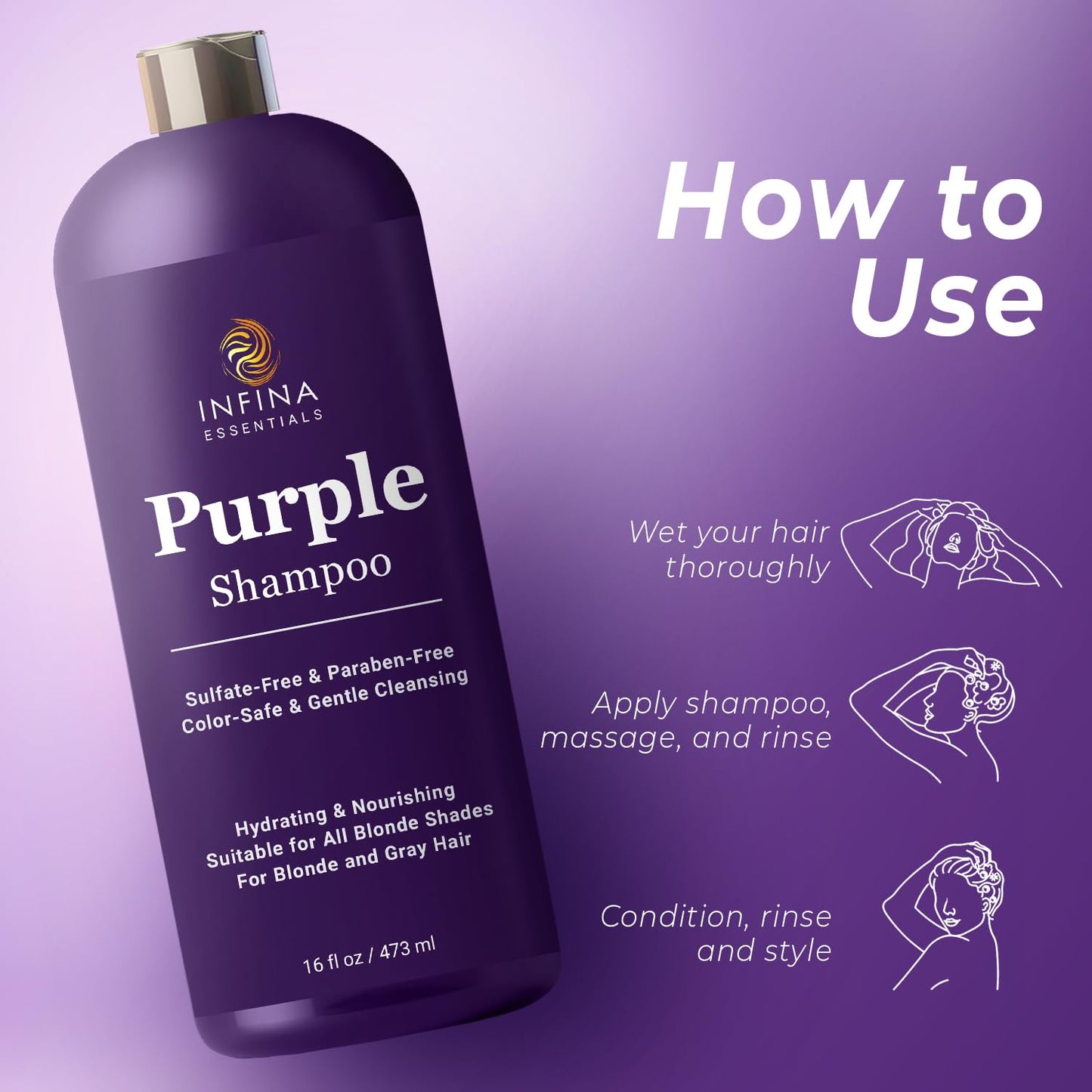 INFINA ESSENTIALS Purple Shampoo for Blondes, Gray, Brassy & Color Treated Hair, Sulfate Free, Enriched with Green Tea & Chamomile & Avocado Oil