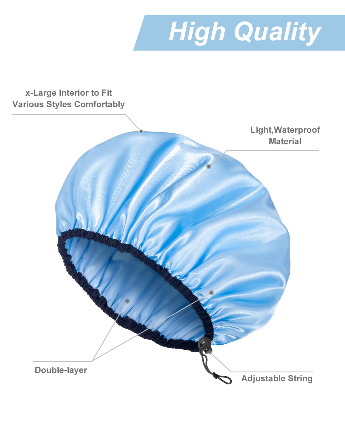 Auban Shower Cap for Women, Adjustable Reusable, Extra Large, Double-Layer Waterproof Bathing cap, Waterproof Exterior, EVA Lining, Hair Cap for All