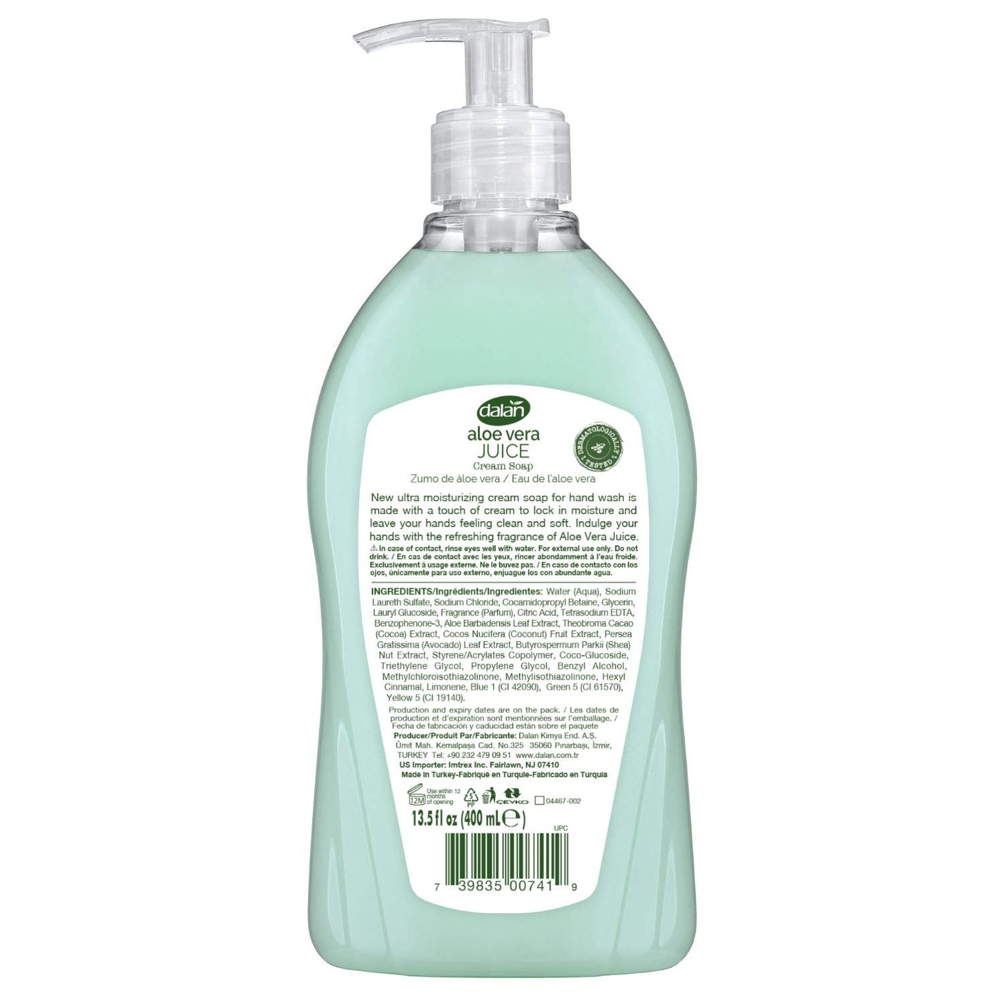 Dalan Aloe Vera Juice Cream Ultra Moisturizing Liquid Hand Soap for Dry and Fresh Hands Feeling Clean and Soft (13.5 Fl Oz / 400 mL (Pack of 6))