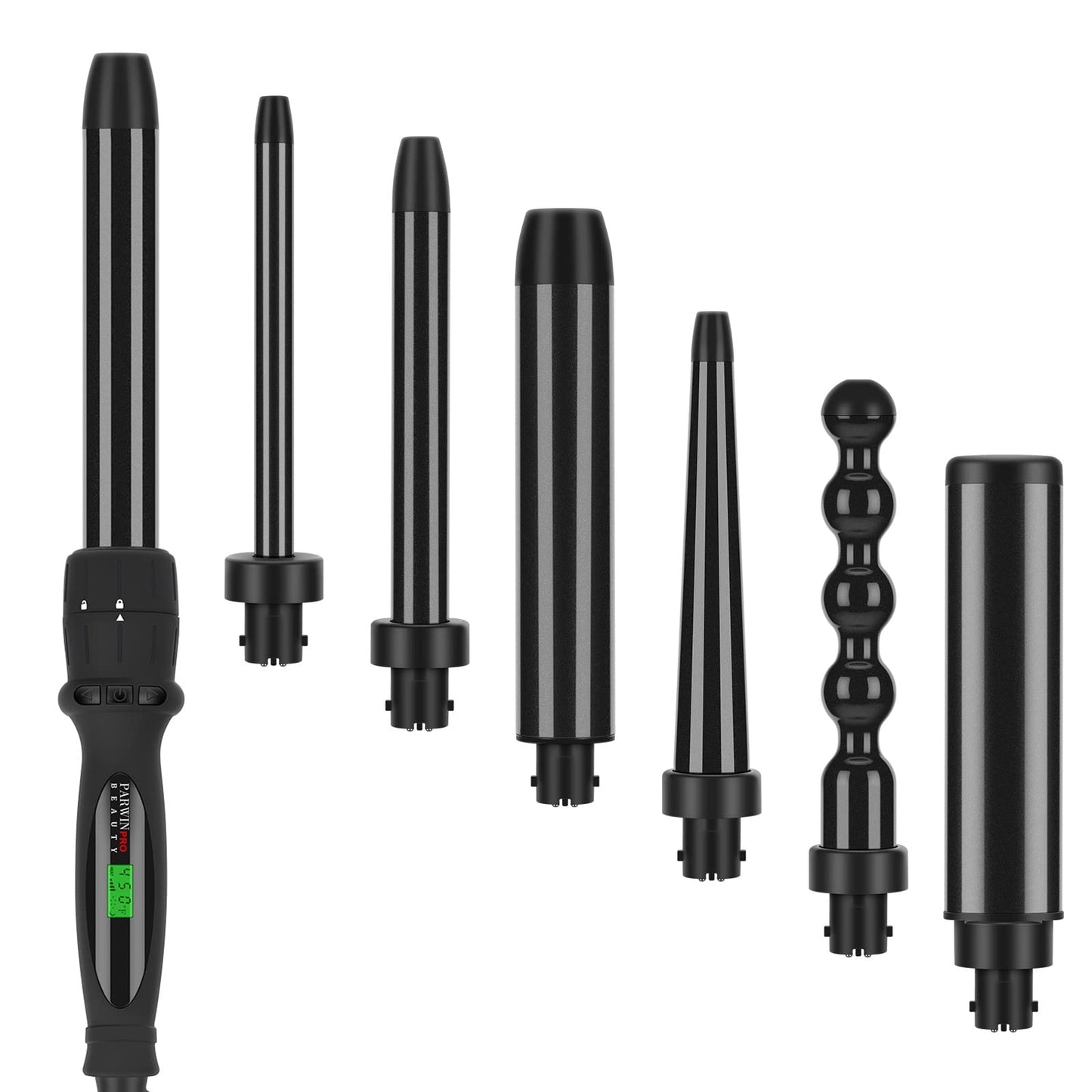 PARWIN PRO BEAUTY 7 in 1 Curling Iron Wand Set,Dual Voltage Curling Wand with 7 Interchangeable Diamond Ceramic Hair Curler Wands with LCD Temperature