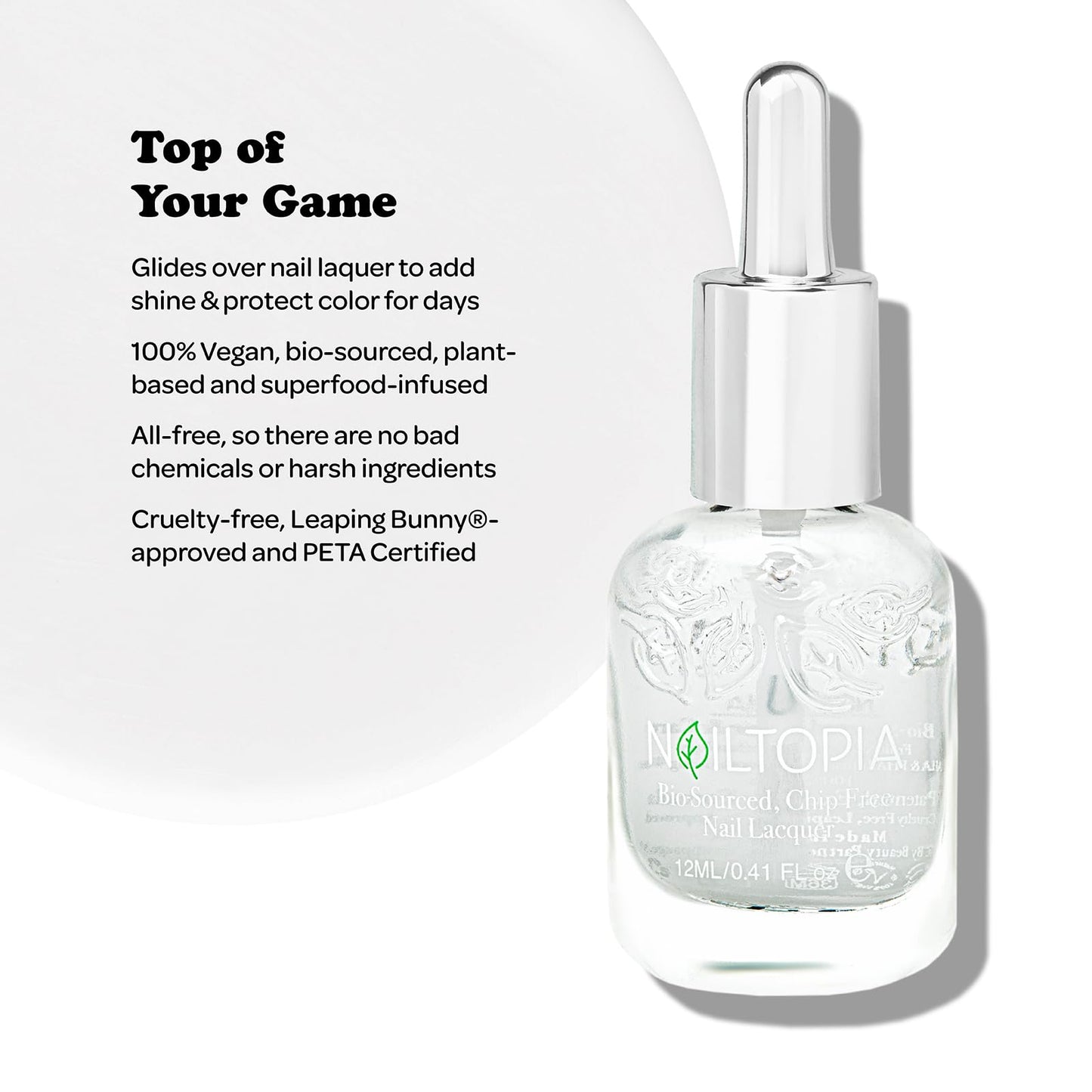 Nailtopia - Plant-Based Chip Free Top Coat - Non Toxic, Bio-Sourced, Long-Lasting, Strengthening Polish - Top Of Your Game (Clear) - 0.41oz