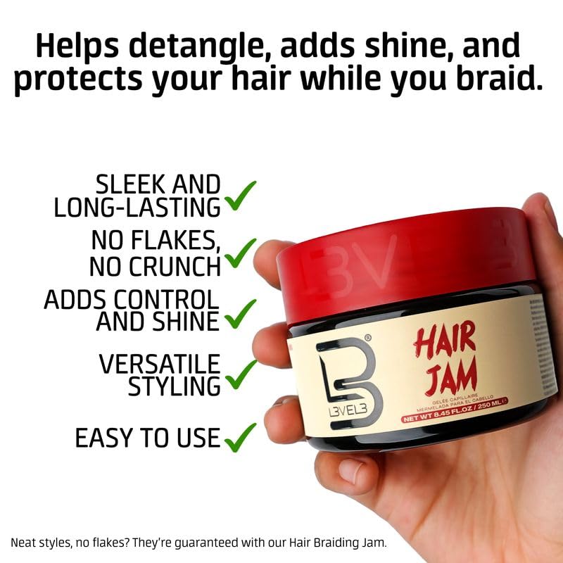 L3 Level 3 Hair Braiding Jam - Lock In Moisture While You Style - Frizz Control Braid Gel for all Hair Types
