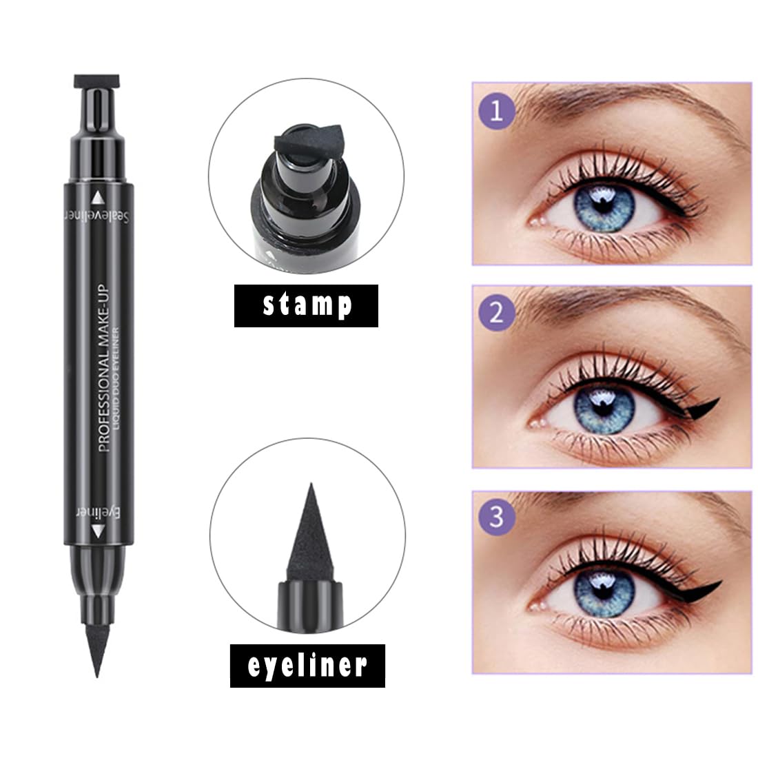 Linble Dual Ended Black Liquid Eyeliner - 2 in 1 Winged Cat Eye Stamp & Felt-tip Eyeliner Pen, Waterproof, Long Lasting and Smudge Proof Eye Makeup