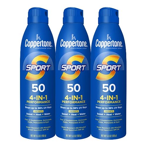 Coppertone Sport Sunscreen Spray SPF 50, Sweat, Heat and Water Resistant Sunblock, Lightweight, Oxybenzone Free, Spray Sunscreen Bulk Pack, 5.5 Oz