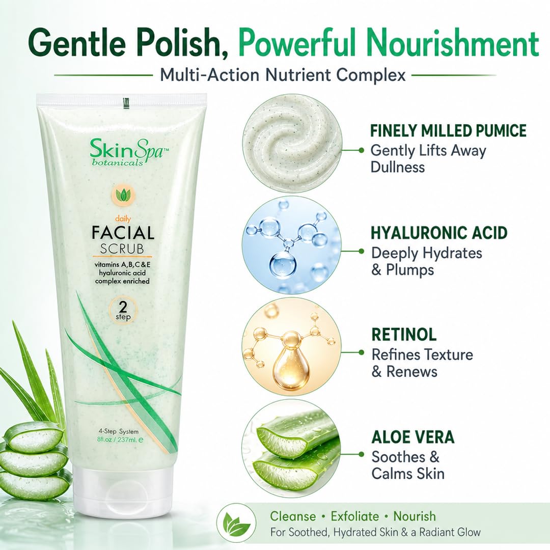 SKIN SPA Exfoliating Face Scrub - Pumice, Hyaluronic Acid, Retinol & Aloe Vera | 3-in-1 Cleanser, Exfoliant & Treatment for All Skin Types |