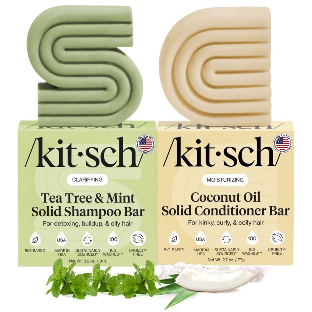 Kitsch Tea Tree Shampoo & Coconut Oil Conditioner Bar - Shampoo and Conditioner Set - Clarifying Bar Soap for Greasy Hair & Deep Moisturizing