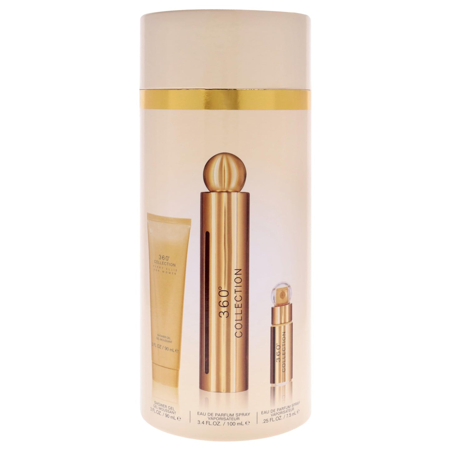 Perry Ellis 360° Collection for Women - 3-Piece Canister Gift Set (3.4 fl oz Eau de Parfum, 3 oz Shower Gel, .25 fl oz EDP Mini Travel Spray) -