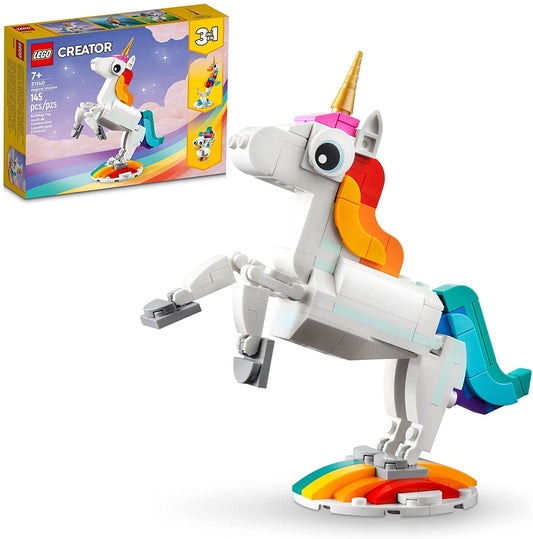 LEGO Creator 3 in 1 Magical Unicorn 31140, Build Unicorn, Seahorse or Peacock, Rainbow Animal Figures, Fun Gift for Kids, Girls & Boys