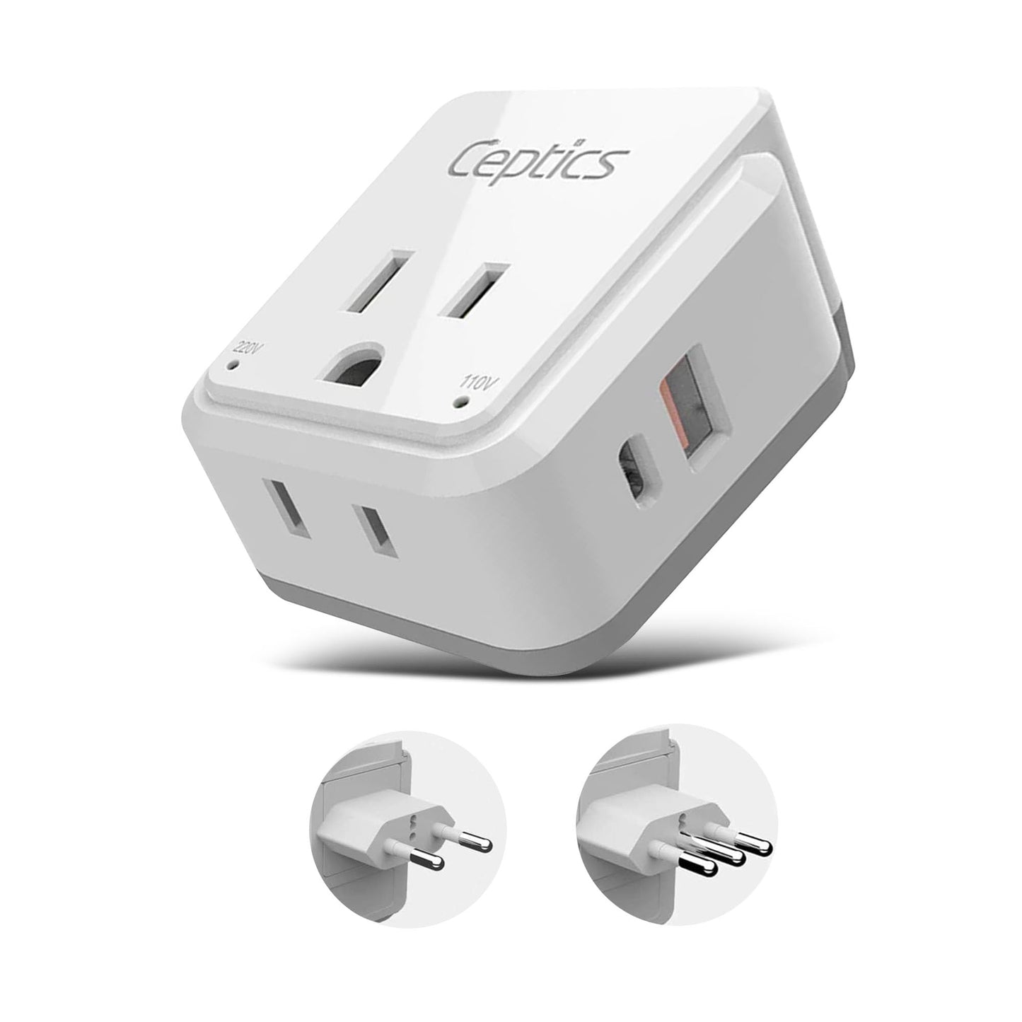 Ceptics Chile, Italy Travel Plug Adapter Set – US to Type C/L with 2 Outlets, USB & USB-C 20W PD, QC 18W, SWadAPt Attachments, PAK-IT