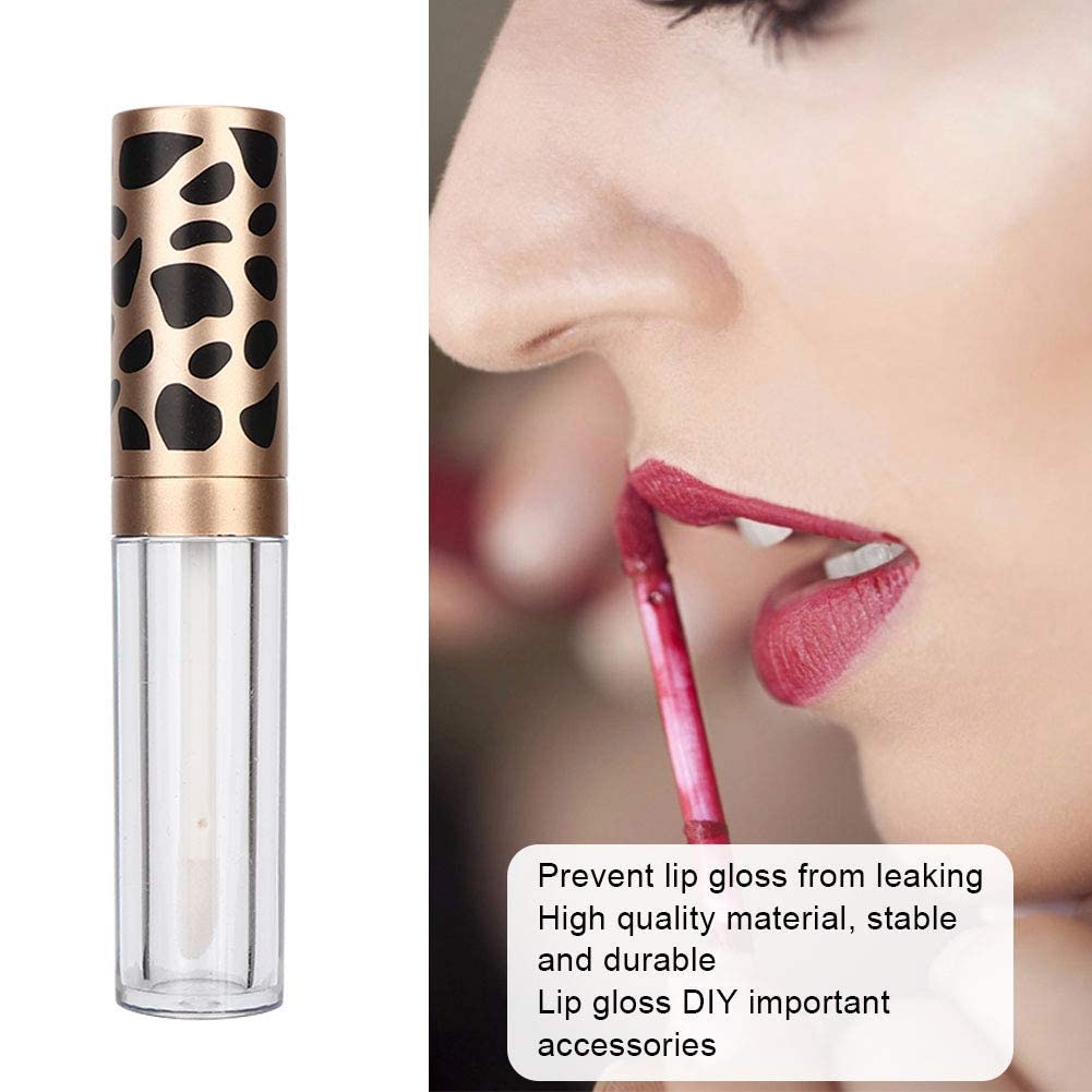 Qiterr 10PCS Empty Lip Gloss Tubes with Wand, Refillable Lip Gloss Containers, DIY Empty Lip Balm Tubes, Makeup Tool (5ML/PC Leopard Print Gold Ring)