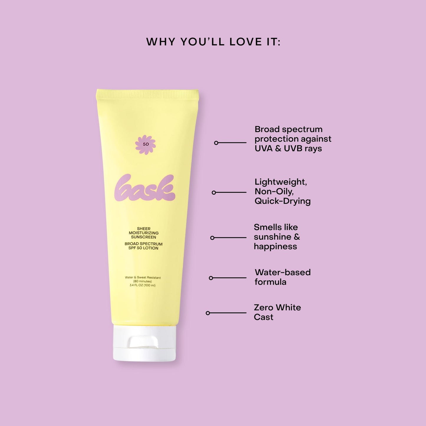 Bask SPF 50 Sheer Moisturizing Sunscreen Lotion - Broad Spectrum UVA/UVB Protection, Dermatologist Recommended, Hydrating, Lightweight & Non-Greasy