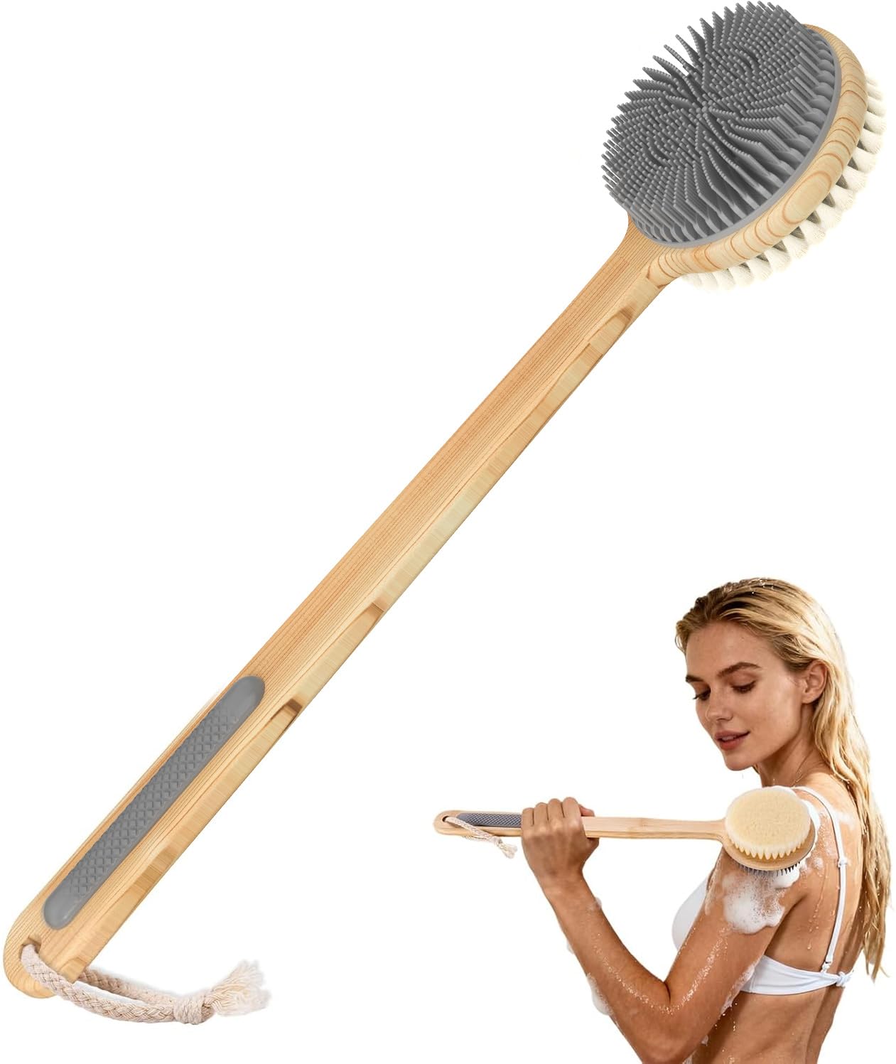 Back Scrubber for Shower - Double-Sided Silicone and Super-Dense Bristles for Deep Cleaning & Exfoliation, Bamboo Long Handle with Wider Anti-Slip Beauty and Personal Care VWMYQ