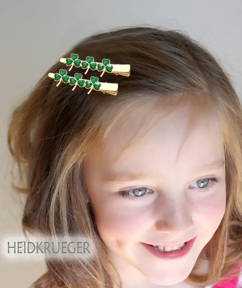 St.Patrick’s Day Hair Clips Crystal Glitter Shamrock Hairpins Green Lucky Leaf Embellished Gold Alligator Hair Clips for Party Gift (2 Pairs Lucky