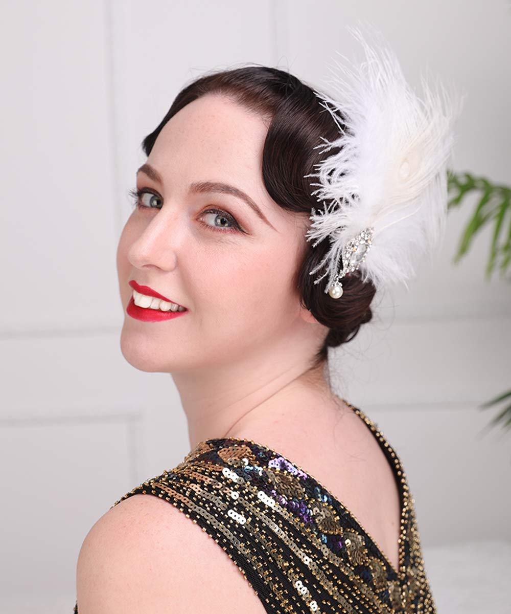Aimimier 1920s Flapper White Feather Headpiece Crystal Pendant Hair Clip Roaring 20s Feather Accessories Masquerade Hair Jewelry for Women
