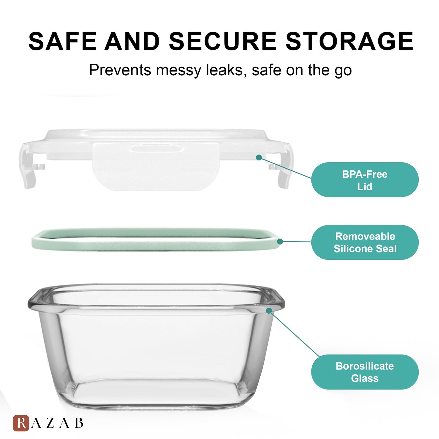 Razab 6 PC Square Glass Food Storage Containers with Airtight lids (74, 40 & 27 oz) Kitchen Glass Meal Prep Containers Set for Freezer Reusable…