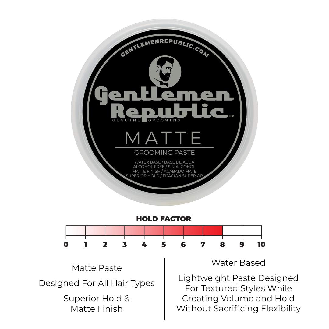 Gentlemen Republic 4oz Matte Paste for Men - Water-Based Men's Hair Paste with Strong Hold & Matte Finish - Alcohol-Free Hair Styling for Natural