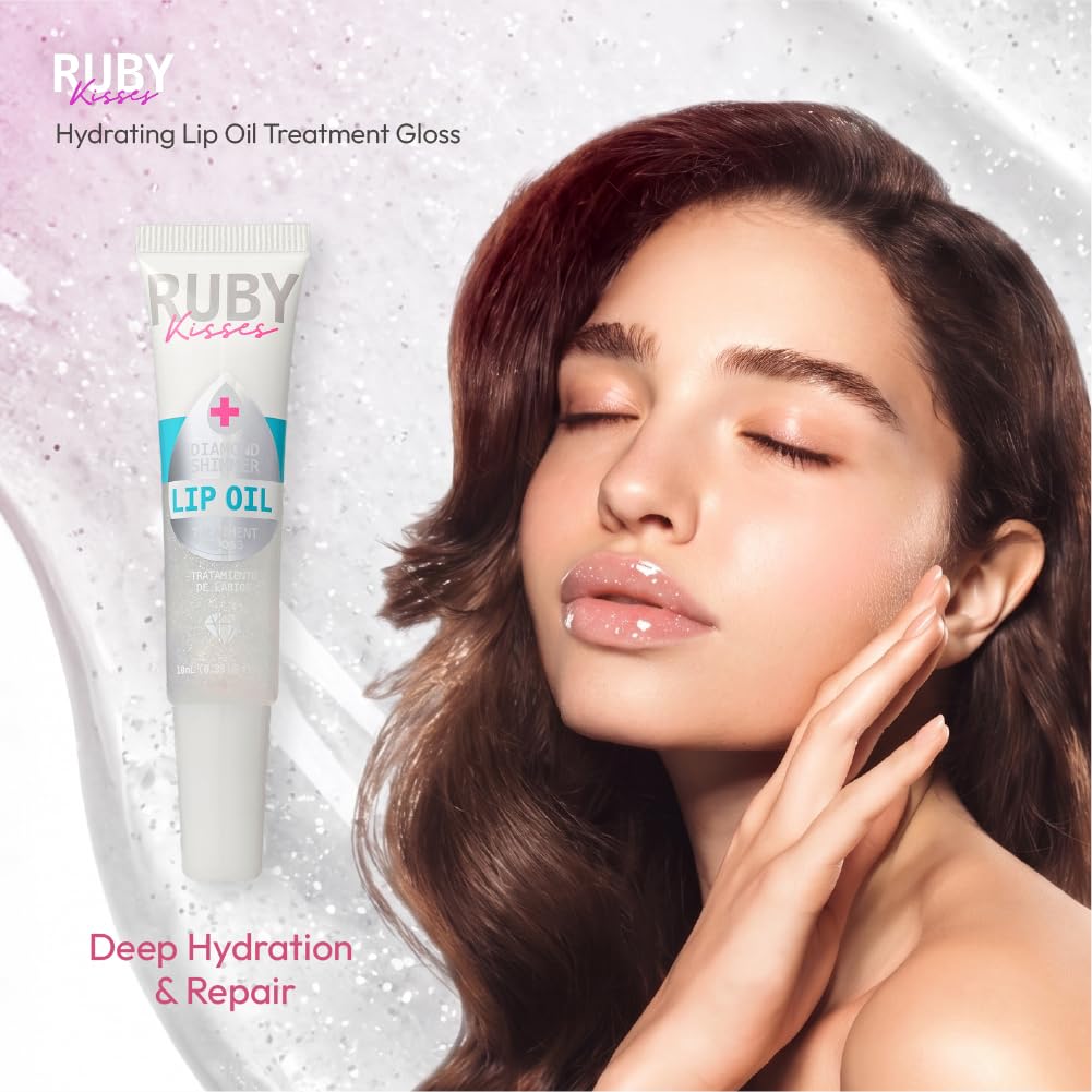 Ruby Kisses Hydrating Lip Oil Treatment Gloss with Mint Oil & Diamond Shimmer (3 Pack), Moisturizing Natural Shine Lip Care Protects & Heals with
