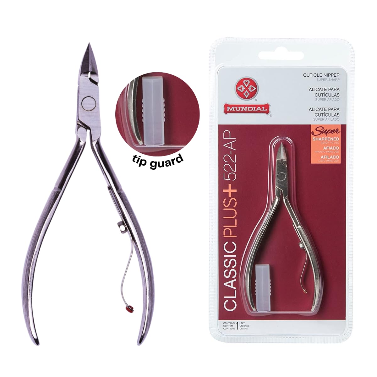 Cuticle Nipper Super Sharp - MUNDIAL 522-AP - Cuticle Trimmer for Manicure Kit and Pedicure Tools, Carbon Steel Handlee with Durable Spring. Tip Guard