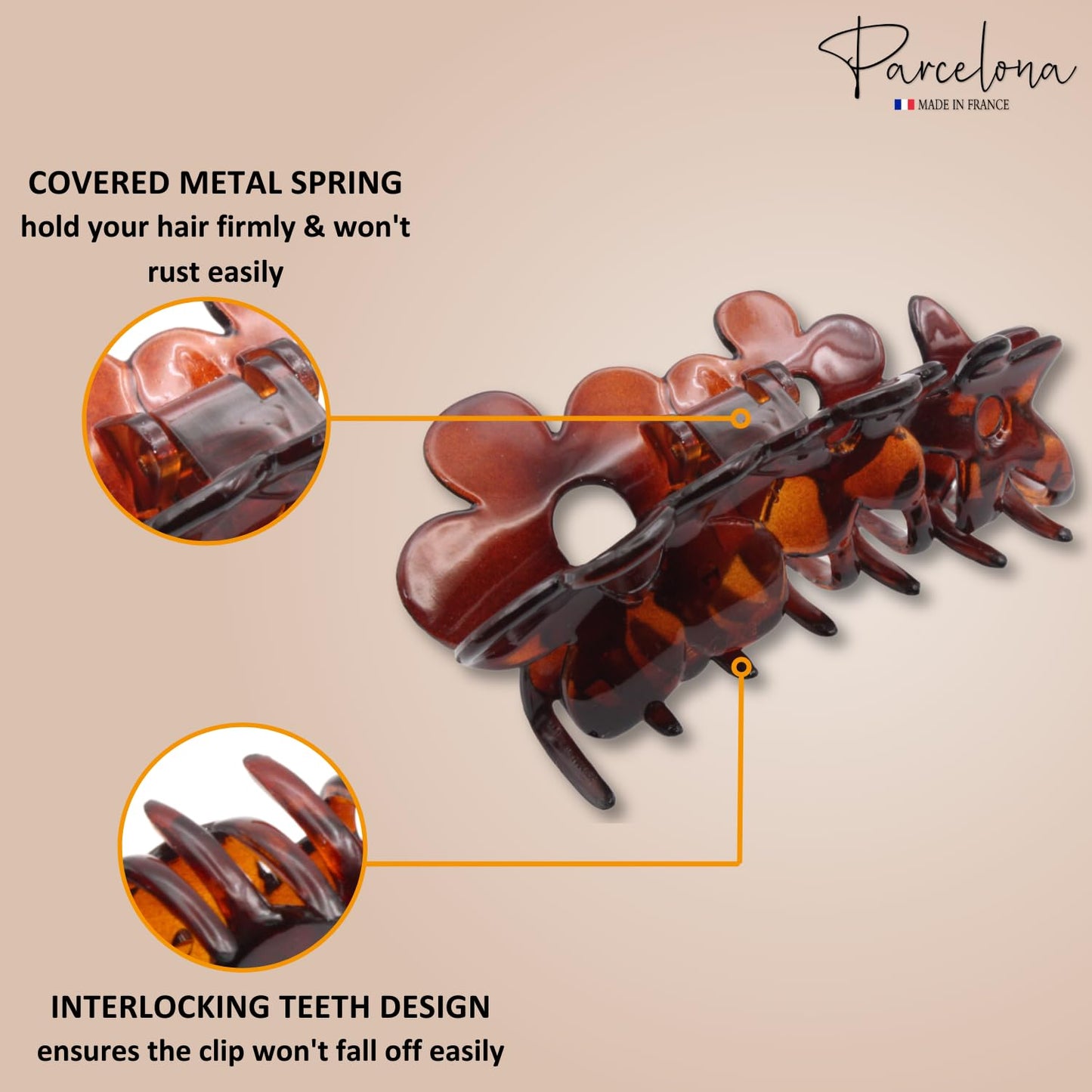 Parcelona French Flowers Medium Covered Spring Brown Tortoise Shell Celluloid Jaw Hair Claw Clips for Women, Made in France