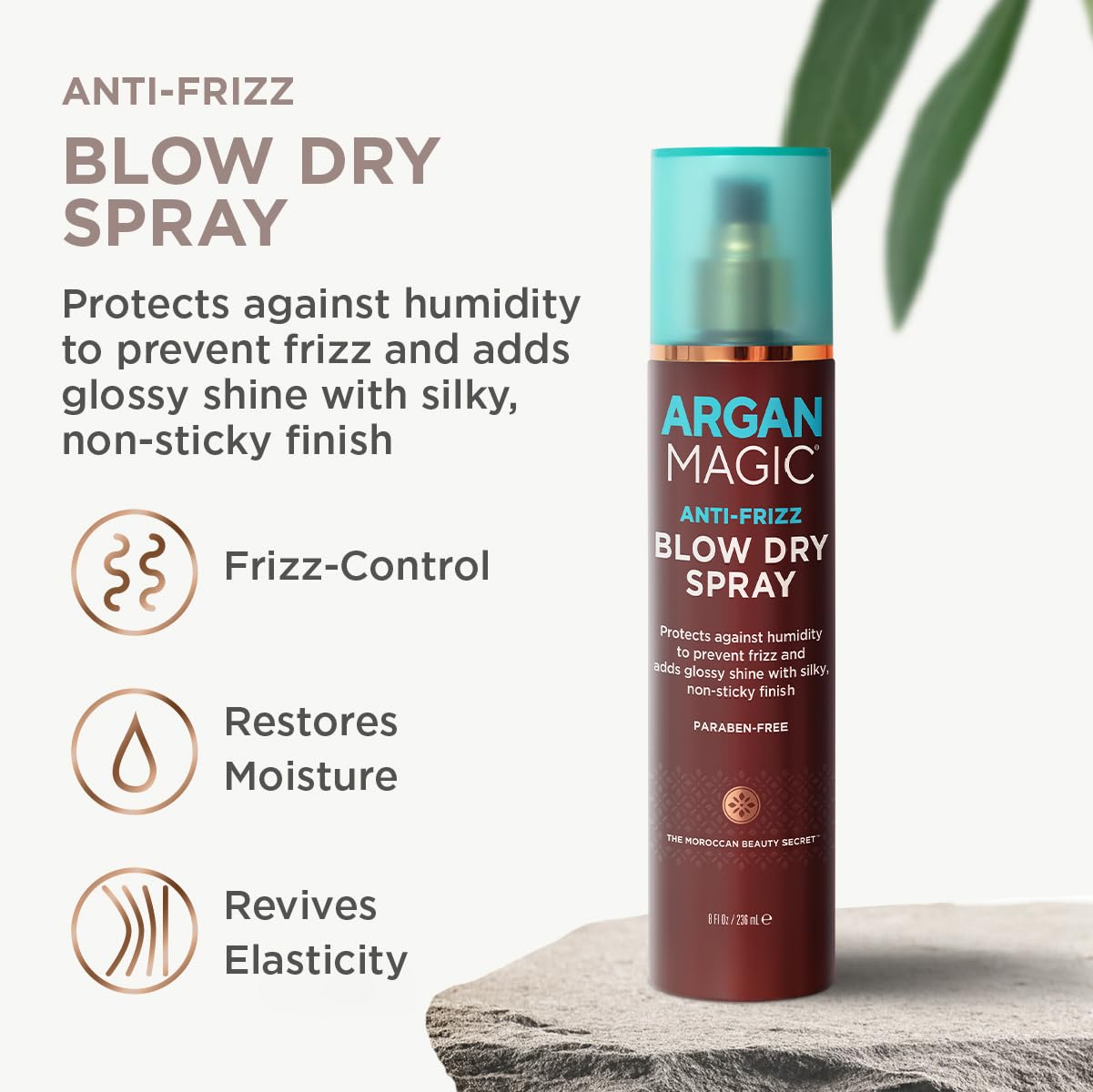 Argan Magic Anti-Frizz Blow Dry Spray - Protects Against Humidity & Tames Frizz | Adds Glossy Shine & Softness | Paraben-Free, | (8 Oz)