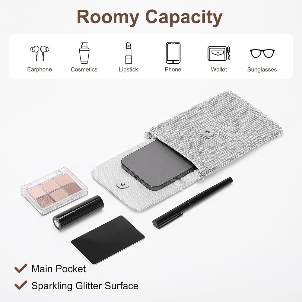 KDUPUP Rhinestone Crossbody Cell Phone Purse Wallet Clutch Glitter Crystal Evening Handbags Bling Shoulder Strap Smart Phone Bag (Silver)
