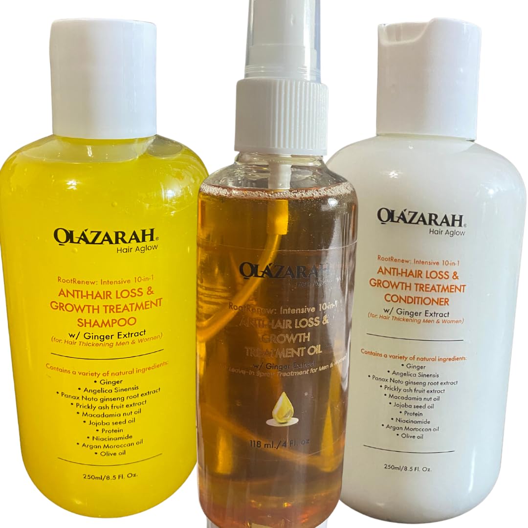 RootRenew Intensive Hair Care Set: 10-in-1 Anti-Hair Loss & Growth Treatment - Shampoo, Conditioner, and Oil Infused with Ginger Extract (8 Fl. oz, 8
