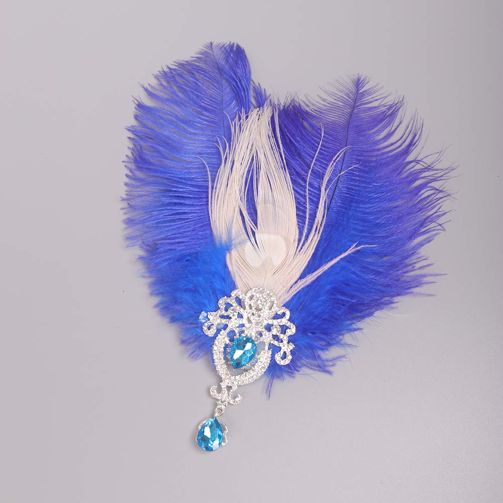 Aimimier 1920s Flapper Feather Hair Clip Blue Crystal Teardrop Feather Headpiece Prom Party Roaring 20s Hair Jewelry for Women and Girls (Style 2)