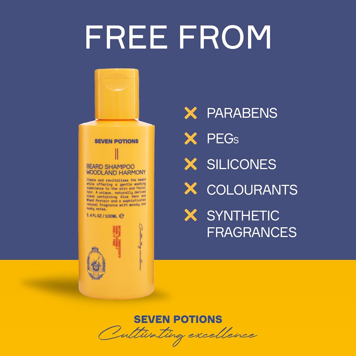 SEVEN POTIONS Beard Shampoo for Men - Gentle, Cleansing Wash for a Clean, Itch-Free Beard - Natural, Vegan, Cruelty-Free - (Woodland Harmony, 3.4 Fl