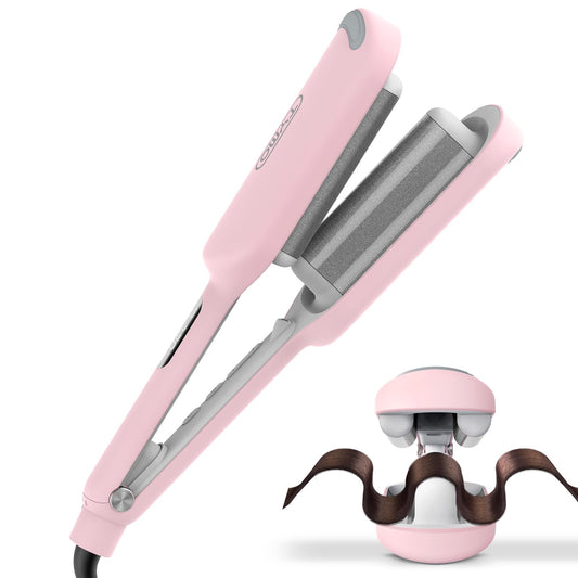 TYMO ROVY Hair Crimper & Curling Iron – 1.25" Ceramic 3 Barrel Deep Waver for Beach Waves, Ionic Curling Wand with Dual Voltage, Anti-Scald, Pink