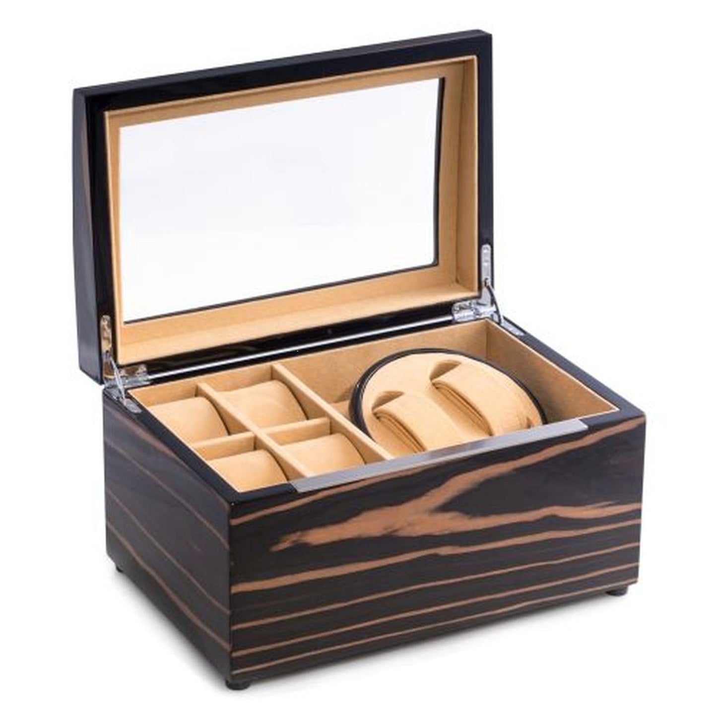Bey-Berk BB621EBN Lacquered Ebony Burl Wood 2 Winder with Storage for 4 Watches, Glass Top, Velour Lined, Brown