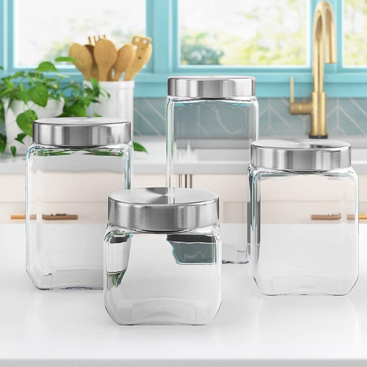 4pc Square Glass Cookie Jars with Airtight Lids + Marker & Labels, Canister Sets for Kitchen Counter or Bathroom - Food Storage Containers with Lids…