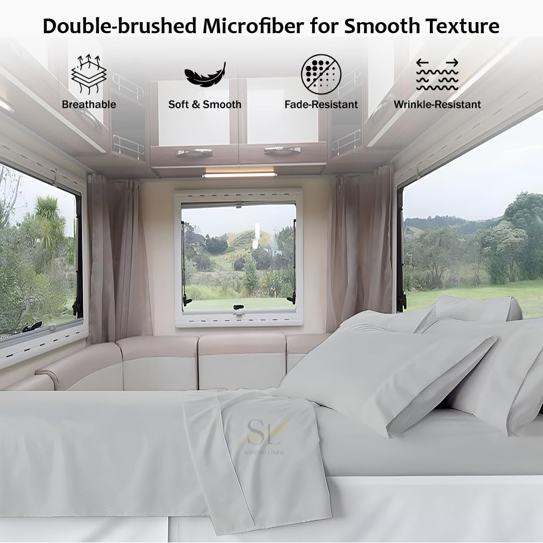 Shreem Linen Microfiber RV Sheet Sets, 70x80 Camper King, Light Grey Solid - Fits Mattresses up to 8 Inches Deep, 4 Piece RV Bed Sheets for Campers,