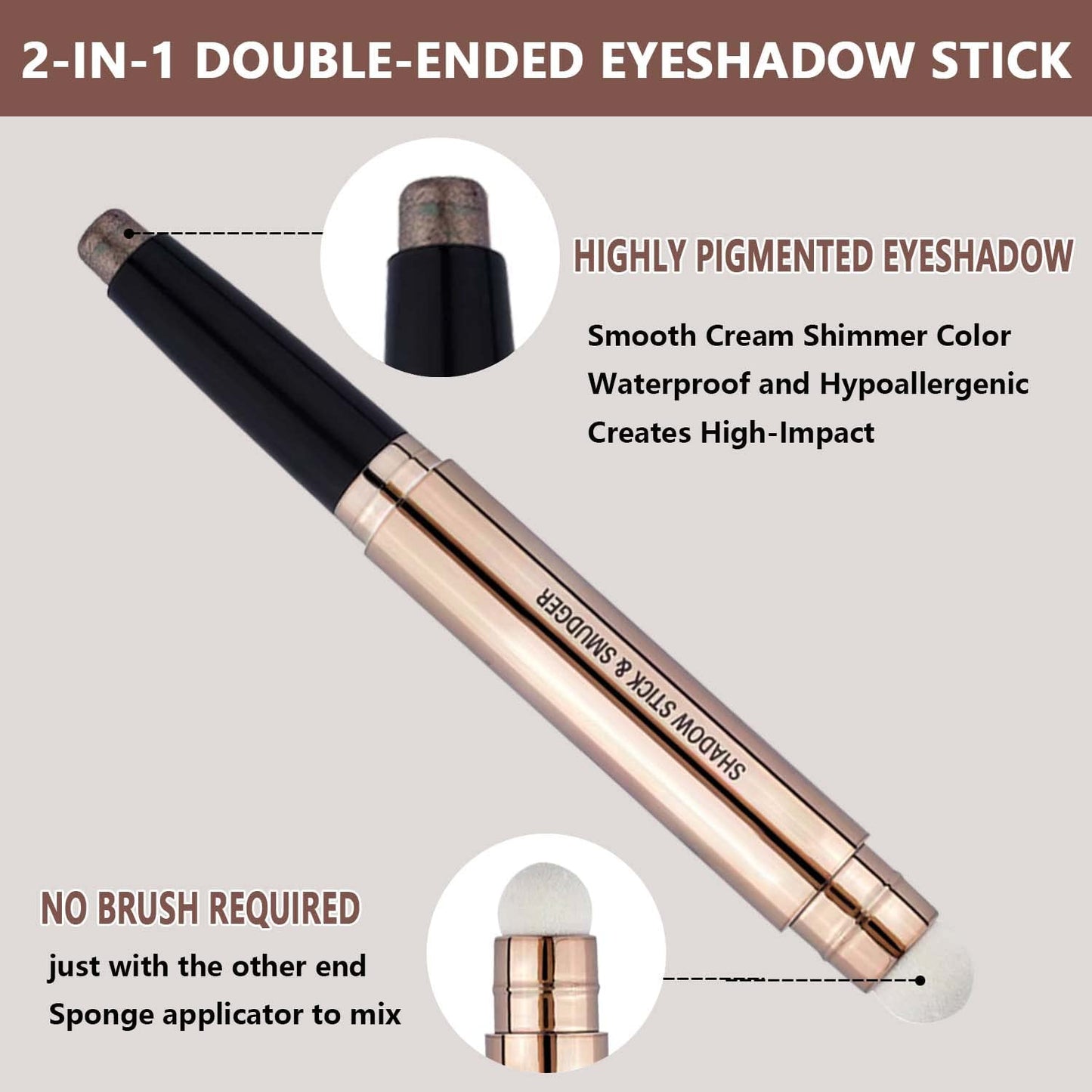 Daeuwiutr 2 in 1 Cocoa Brown Eyeshadow Sticks and Sponge Makeup Brush Silky Cream Glitter Eyeshadow Pencil Crayon Long Lasting Waterproof Eye shadow