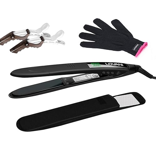 LOVANI Titanium Flat Iron, 450F High Heat Hair Straightener with Digital LCD, Dual Voltage, Auto Shut Off, Heat Resistant Bag, Glove and 2 Hair Clips