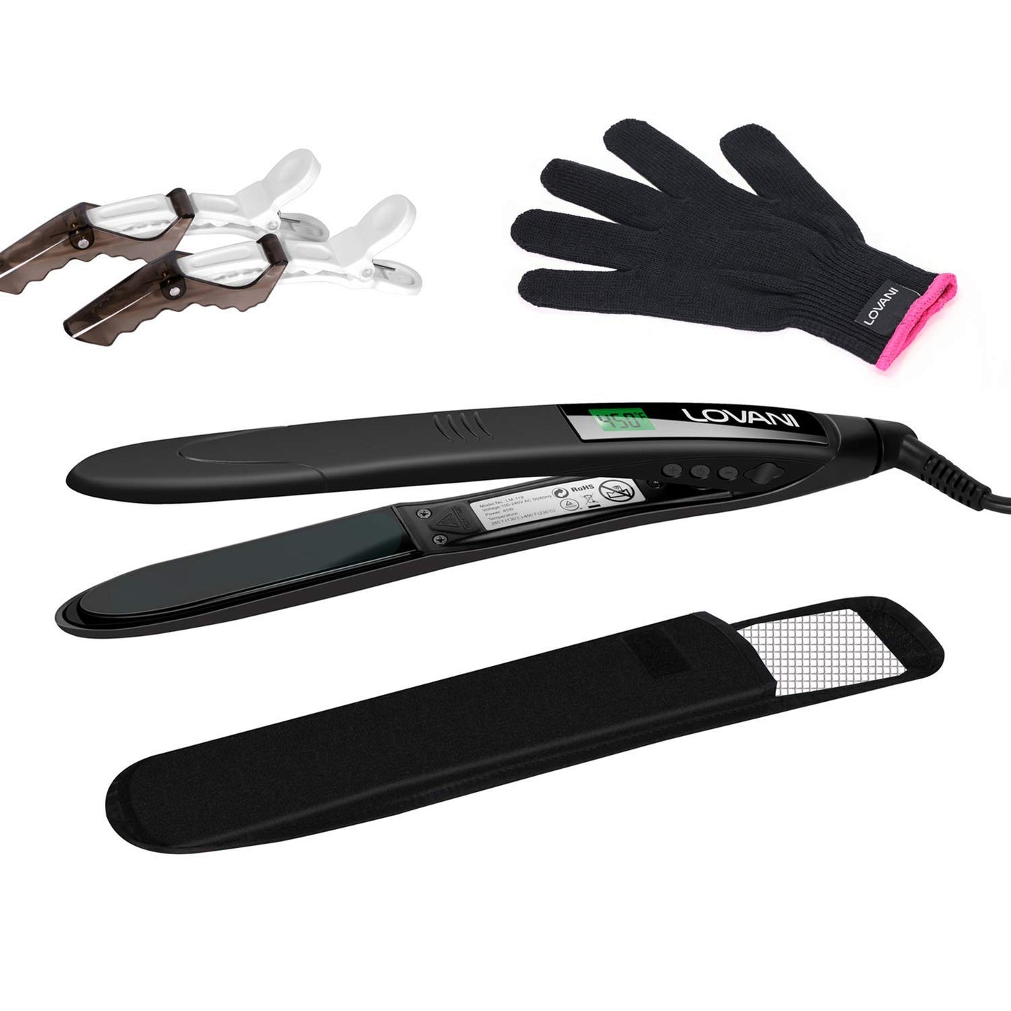 LOVANI Titanium Flat Iron, 450F High Heat Hair Straightener with Digital LCD, Dual Voltage, Auto Shut Off, Heat Resistant Bag, Glove and 2 Hair Clips