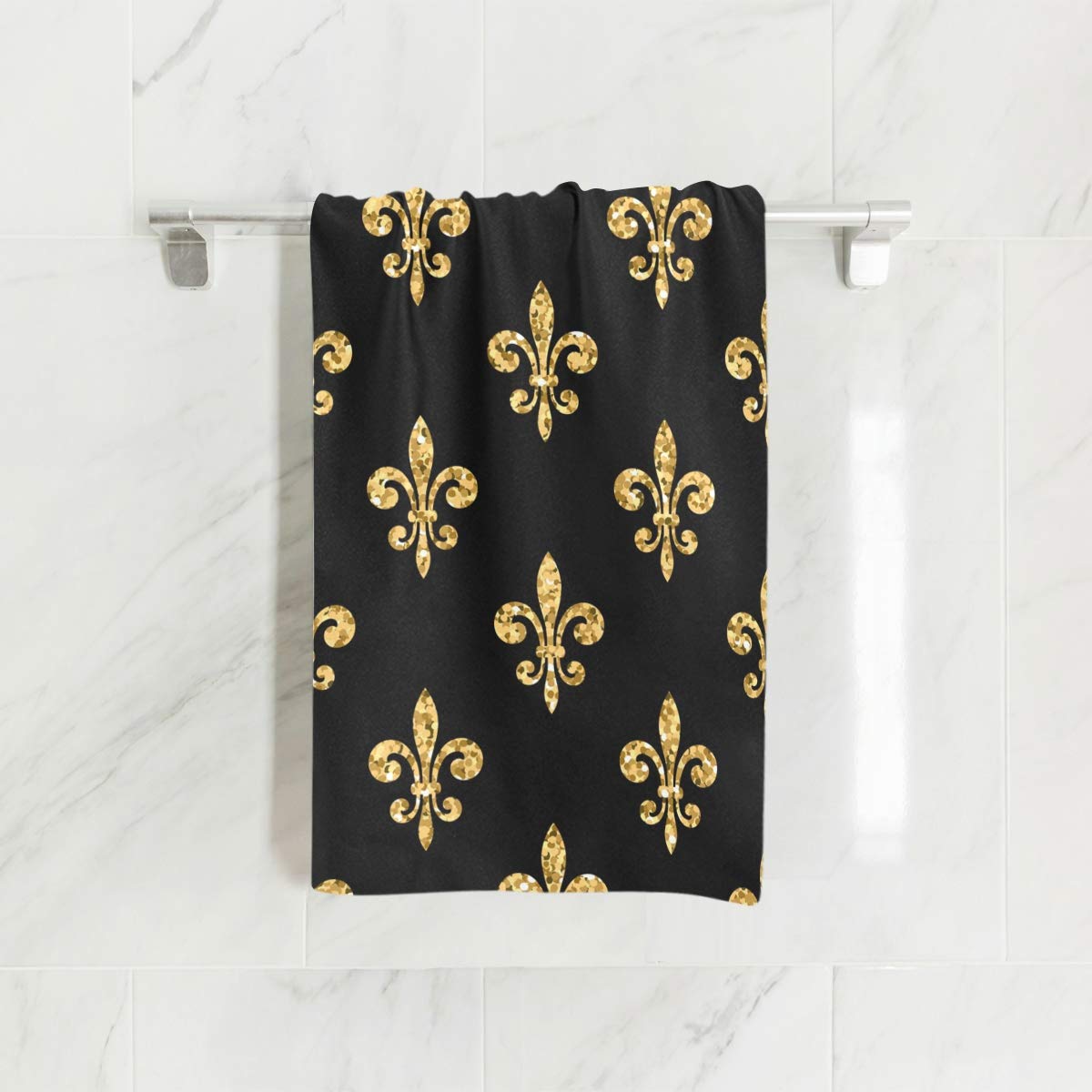ZZAEO Golden Fleur-De-Lis Floral Black Towel Hand Towel, 30 x 15 inch Thin Lightweight Soft Absorbent Fingertip Towel for Home Bathroom Theme Decor