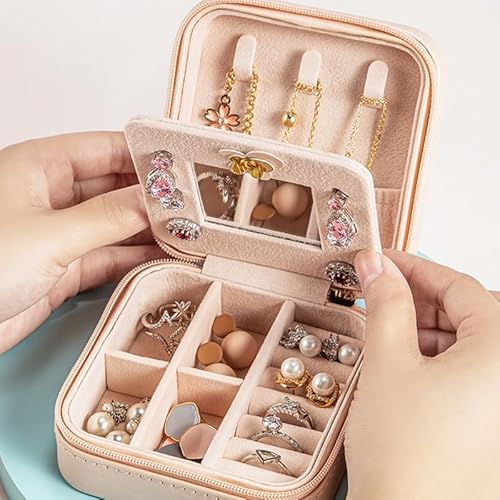 Jewelry Case Jewelry Organizer, Ring Necklace Earring Jewelry Organizer Box with Mirror,Vacation Essential Women's Travel Accessories, Birthday Gifts…