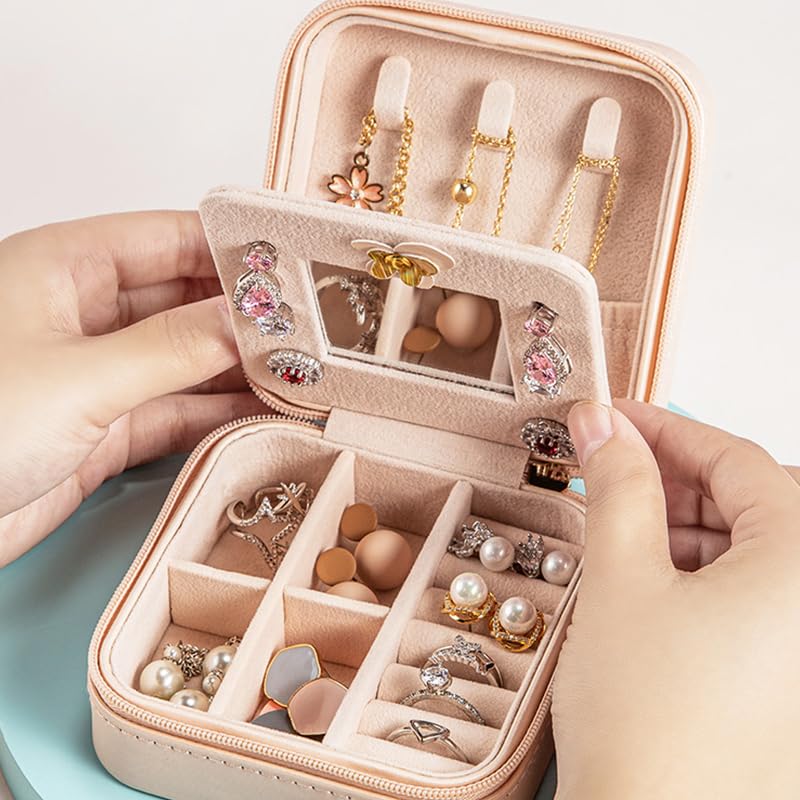 Jewelry Case Jewelry Organizer, Ring Necklace Earring Jewelry Organizer Box with Mirror,Vacation Essential Women's Travel Accessories, Birthday Gifts…