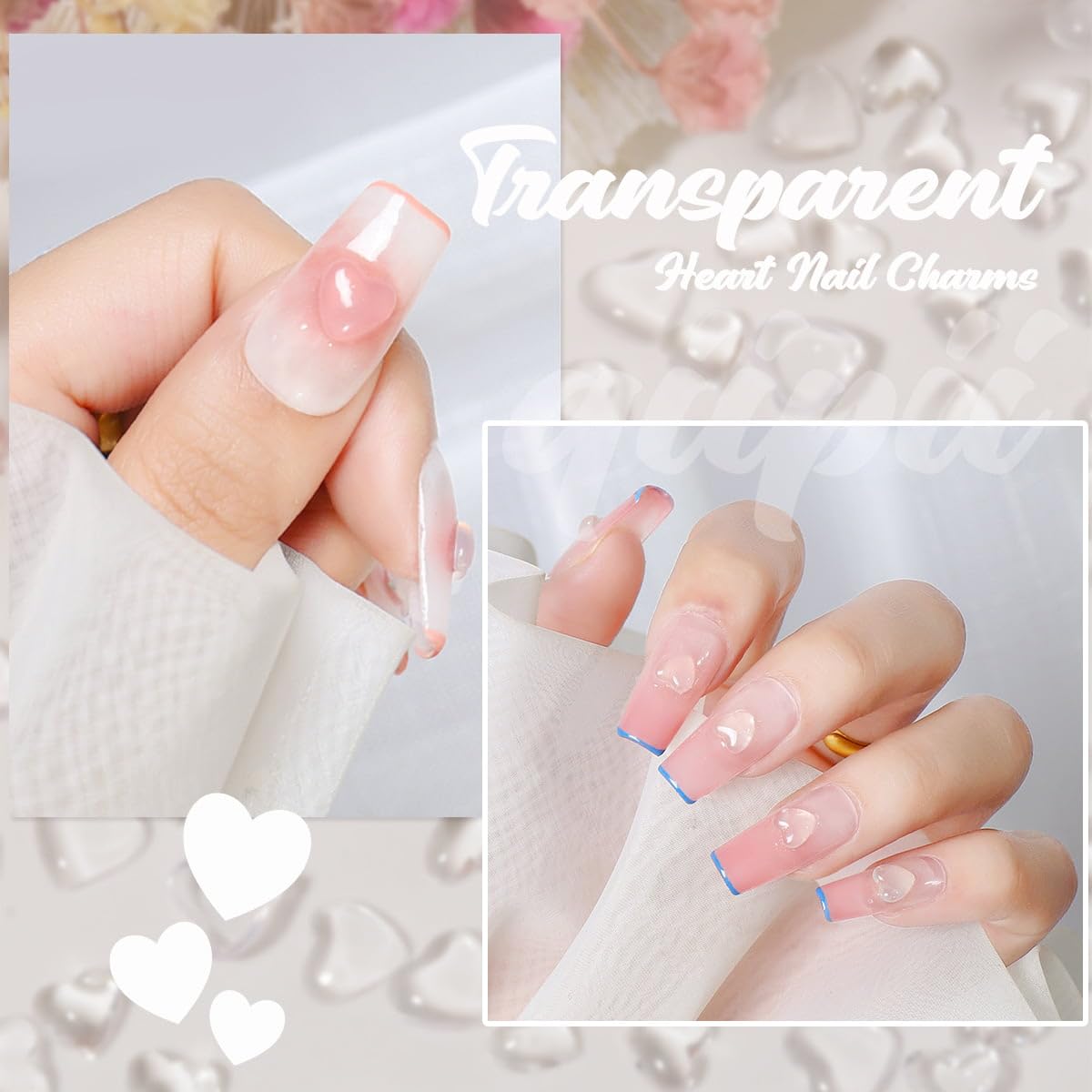 qiipii 300pcs Transparent Heart Nail Charms, 3 Sizes Mixed Size 3D Clear Cute Love Hearts Rhinestones Flatback Resin Crystals Diamonds Nail Art