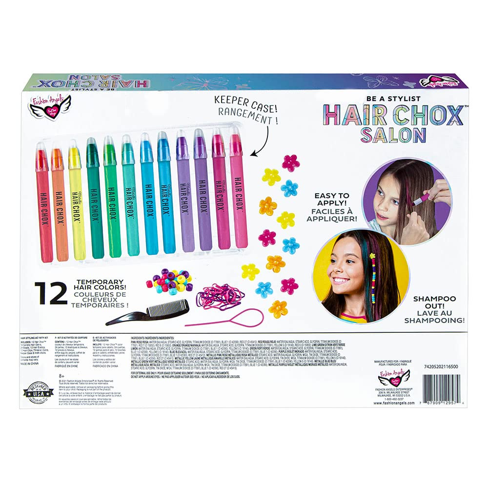 Fashion Angels Be a Stylist Hair Chox Salon Activity Kit - 12 Temporary Hair Chalk Pens, Yellow,Orange,Blue,Green,Pink,Red,Purple (12957)