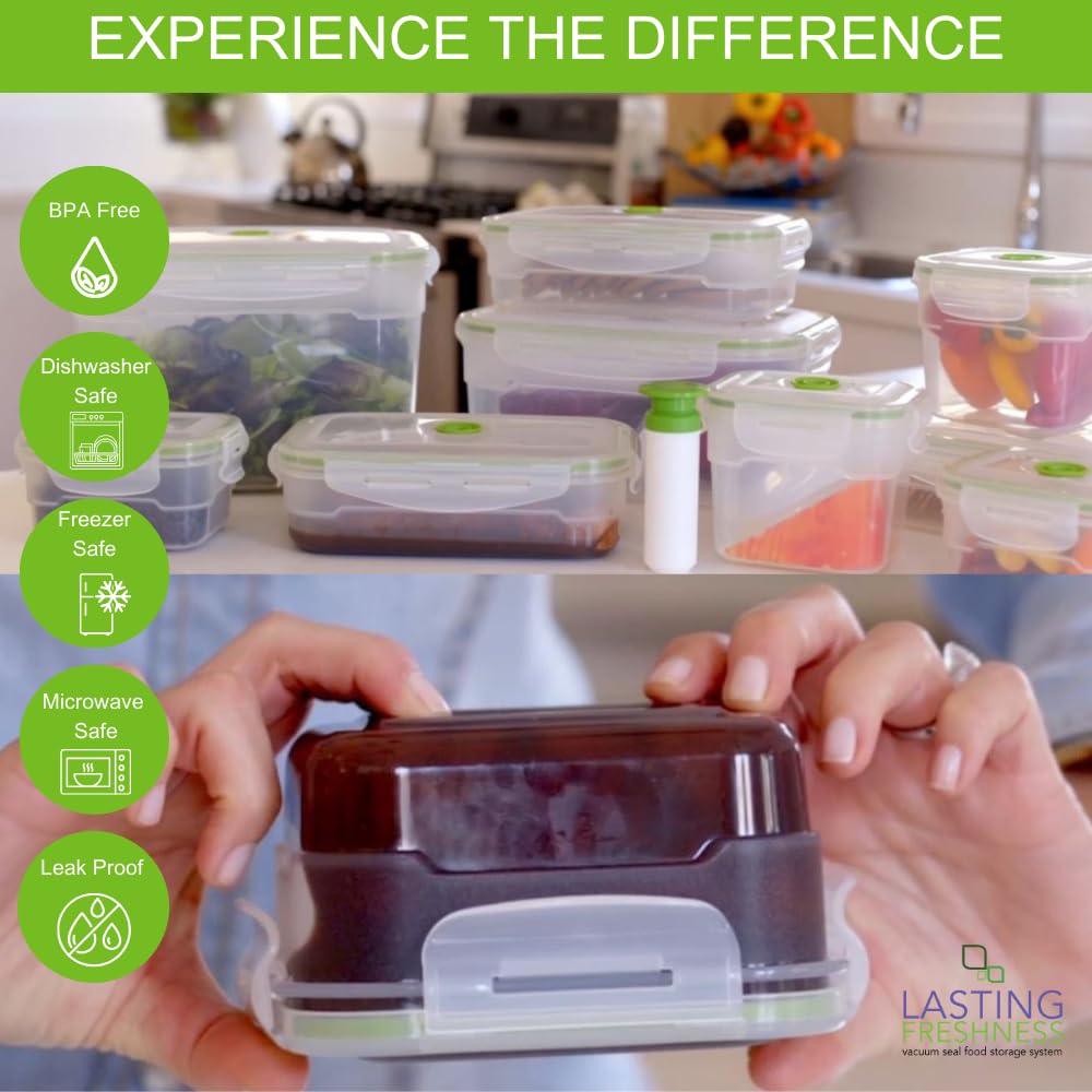 Lasting Freshness Vacuum Seal Food Storage Containers with Hand Pump - BPA-Free Plastic, Airtight Meal Prep & Leftovers Containers, Keep Food Fresh…