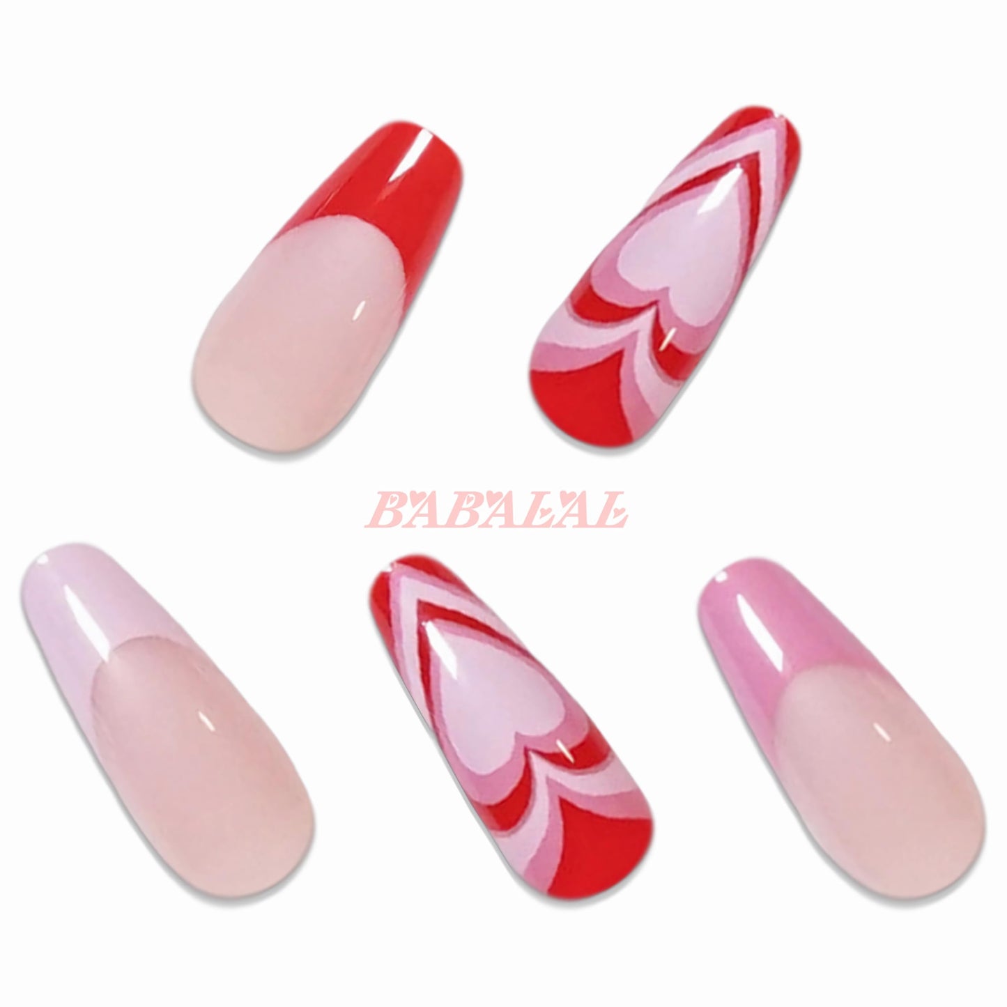 BABALAL Valentines Press on Nails - Medium Coffin Fake Nails, Pink Heart French Acrylic, 24pcs Swirl False Nails Glossy Design
