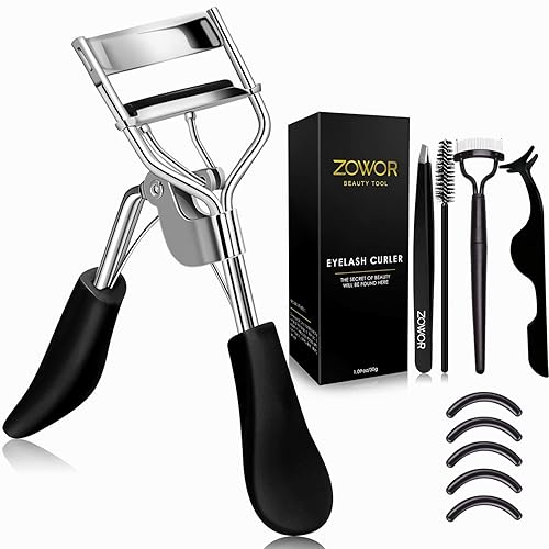 Zowor Eyelash Curler with Comb and Brush Fit All Eye Shape Curved Eyelash Curlers with 5PCS Silicone Refill Pad,Natural and Long Lasting Lash Curler