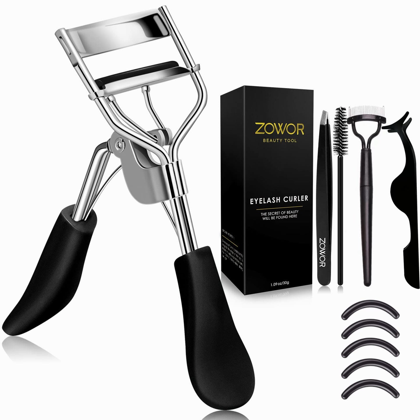 Zowor Eyelash Curler with Comb and Brush Fit All Eye Shape Curved Eyelash Curlers with 5PCS Silicone Refill Pad,Natural and Long Lasting Lash Curler