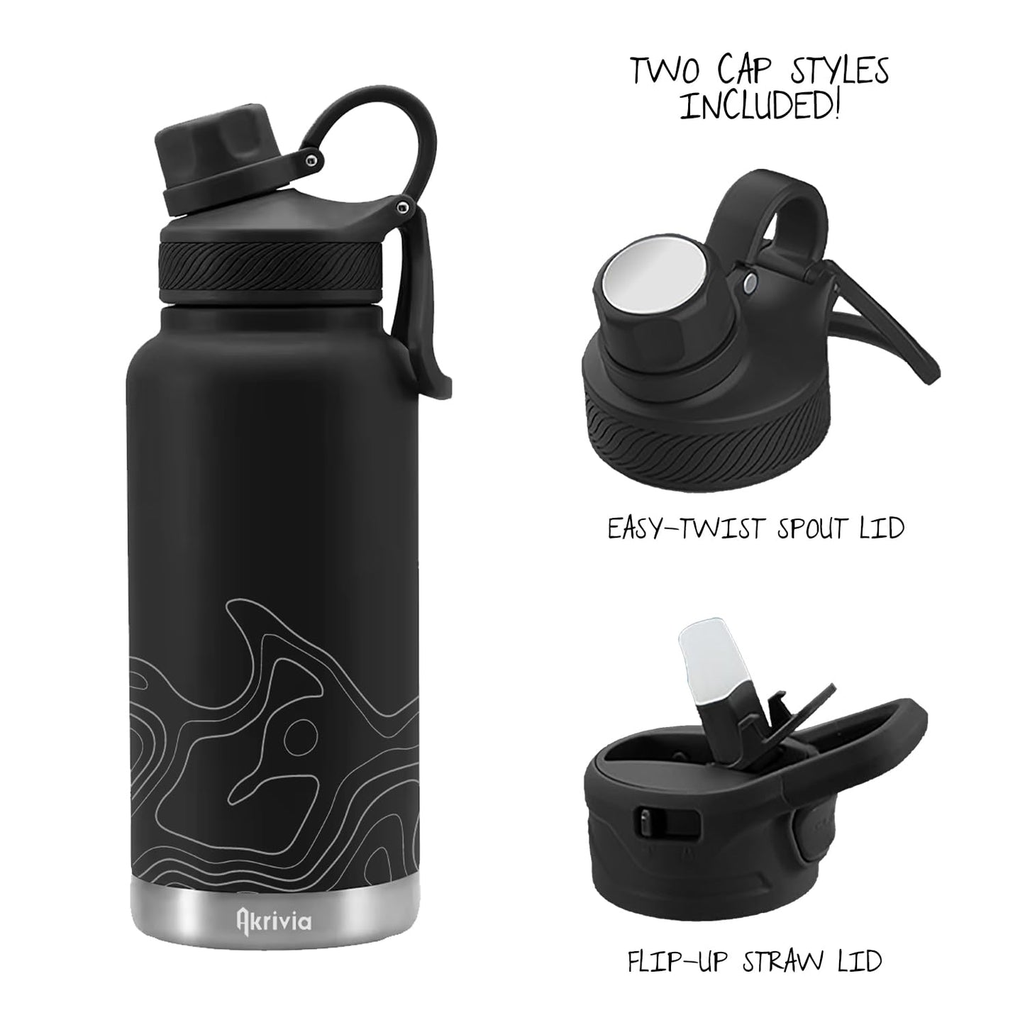 Akrivia Stainless Steel Water Bottle - Ultra Tough 32oz / 1 Liter Vacuum Insulated Double Wall Flask, Metal Canteen, (Stealth Black/Gray)