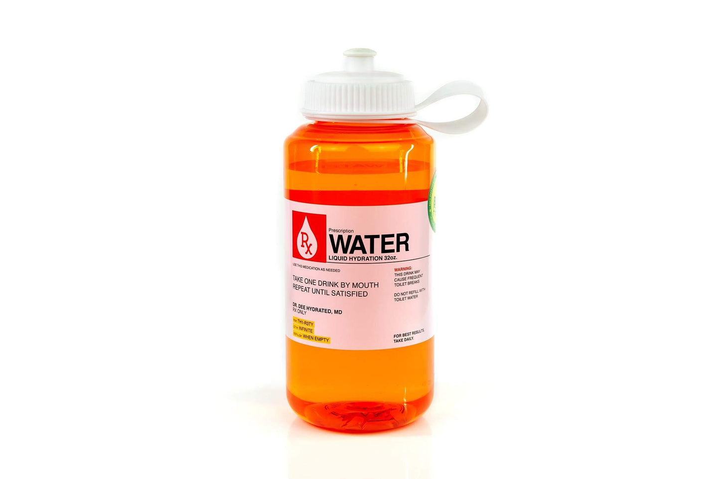 Prescription Water 32 Oz Plastic Water Bottle With Lid - Wide-Mouth, BPA-Free Novelty Hydroflask - Fun, Unique Orange Medicine Bottle With Screwtop